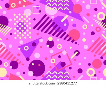 80s seamless pattern with geometric shapes in memphis style. Circles and triangles. Colorful abstract background for printing on promotional items, banners and wrapping paper. Vector illustration