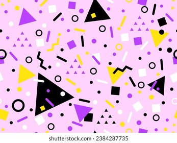 Patrón transparente de los años 80 con formas geométricas en estilo memphis. Círculos y triángulos. Colorido fondo abstracto para imprimir en artículos promocionales, banners y papel de envoltura. Ilustración del vector