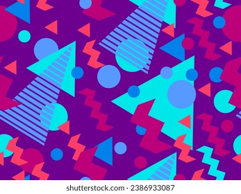 Patrón transparente de los años 80 con formas geométricas en estilo memphis. Círculos y triángulos. Colorido fondo abstracto para imprimir en artículos promocionales, banners y papel de envoltura. Ilustración del vector