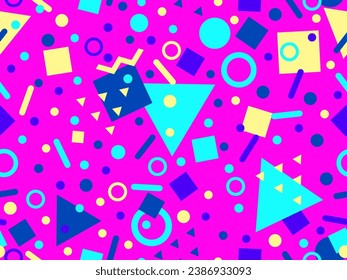 Patrón transparente de los años 80 con formas geométricas en estilo memphis. Círculos y triángulos. Colorido fondo abstracto para imprimir en artículos promocionales, banners y papel de envoltura. Ilustración del vector