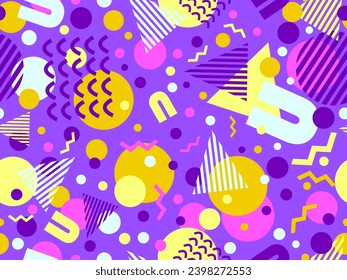 Patrón transparente de los años 80 con formas geométricas en estilo memphis. Círculos y triángulos. Colorido fondo abstracto para imprimir en artículos promocionales, banners y papel de envoltura. Ilustración del vector