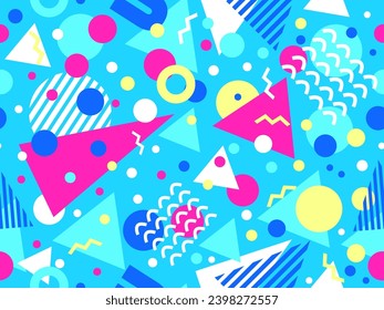 Patrón transparente de los años 80 con formas geométricas en estilo memphis. Círculos y triángulos. Colorido fondo abstracto para imprimir en artículos promocionales, banners y papel de envoltura. Ilustración del vector