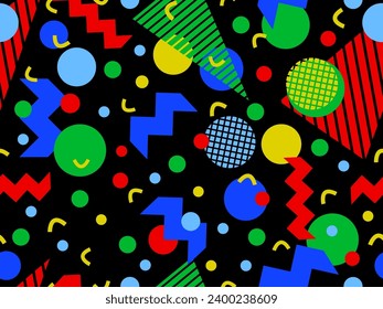 80s seamless pattern with geometric shapes in memphis style. Circles and triangles. Colorful abstract background for printing on promotional items, banners and wrapping paper. Vector illustration