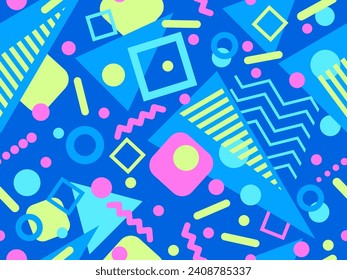 Patrón transparente de los años 80 con formas geométricas en estilo memphis. Círculos y triángulos. Colorido fondo abstracto para imprimir en artículos promocionales, banners y papel de envoltura. Ilustración del vector