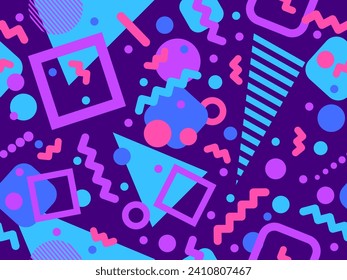 Patrón transparente de los años 80 con formas geométricas en estilo memphis. Círculos y triángulos. Colorido fondo abstracto para imprimir en artículos promocionales, banners y papel de envoltura. Ilustración del vector