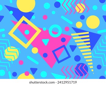 80s seamless pattern with geometric shapes in memphis style. Circles and triangles. Colorful abstract background for printing on promotional items, banners and wrapping paper. Vector illustration