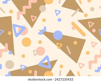 80s patrón sin fisuras con formas geométricas en estilo de memphis. Círculos y triángulos. Fondo abstracto colorido para imprimir en artículos promocionales, banners y papel de embalaje. Ilustración de vector