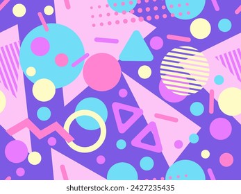 80s seamless pattern with geometric shapes in memphis style. Circles and triangles. Colorful abstract background for printing on promotional items, banners and wrapping paper. Vector illustration