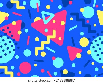 80s patrón sin fisuras con formas geométricas en estilo de memphis. Círculos y triángulos. Fondo abstracto colorido para imprimir en artículos promocionales, banners y papel de embalaje. Ilustración de vector