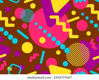 80s patrón sin fisuras con formas geométricas en estilo de memphis. Círculos y triángulos. Fondo abstracto colorido para imprimir en artículos promocionales, banners y papel de embalaje. Ilustración de vector