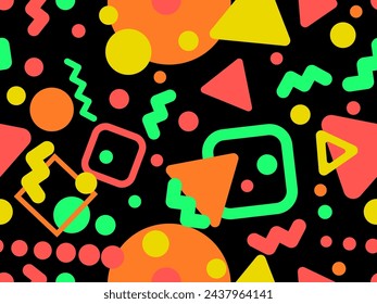 80s seamless pattern with geometric shapes in memphis style. Circles and triangles. Colorful abstract background for printing on promotional items, banners and wrapping paper. Vector illustration