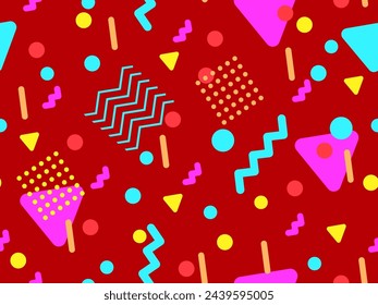 80s patrón sin fisuras con formas geométricas en estilo de memphis. Círculos y triángulos. Fondo abstracto colorido para imprimir en artículos promocionales, banners y papel de embalaje. Ilustración de vector