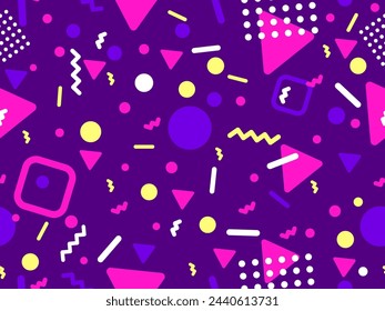 80s seamless pattern with geometric shapes in memphis style. Circles and triangles. Colorful abstract background for printing on promotional items, banners and wrapping paper. Vector illustration