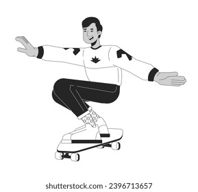 80s skateboarder teenage boy black and white cartoon flat illustration. Indian male skater riding squatting 2D lineart character isolated. 1980s recreation monochrome scene vector outline image