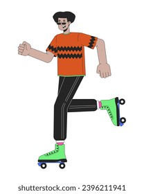 80s skater rollerblading line cartoon flat illustration. Hispanic cool guy roller skating 2D lineart character isolated on white background. Eighties retro. Nostalgia fashion scene vector color image