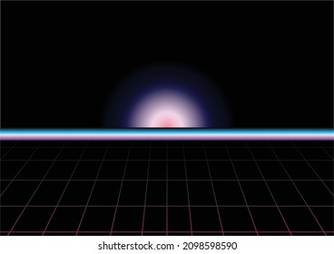 80s style abstract background. Synthwave or retrowave wallpaper with a bright light like a sunrise. Background elements for backdrop, art performance, event, and cover.