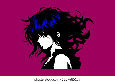 80s style anime woman vector, silhouette illustration