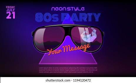 80s Style Background. Neon Style Party Flyer Design. Sunglasses With Reflecrtion.