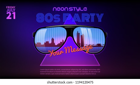 80s style background. Neon style party flyer design. Sunglasses with reflecrtion.