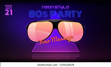 80s style background. Neon style party flyer design. Sunglasses with reflecrtion.