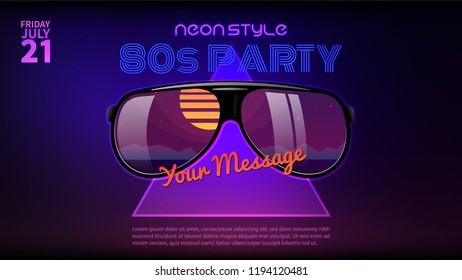 80s Style Background. Neon Style Party Flyer Design. Sunglasses With Reflecrtion.