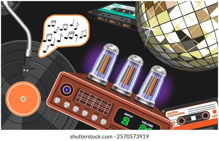 80s style collage with tube amplifier, vinyl record, disco ball and audio cassettes. Vector illustration