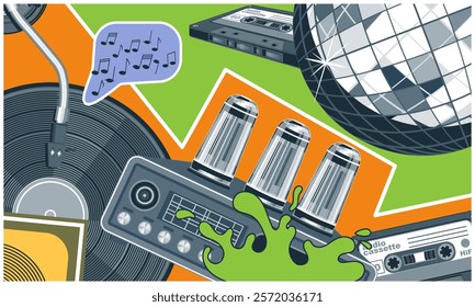 80s style collage with tube amplifier, vinyl record, disco ball and audio cassettes. Blue palette plus color inserts. Vector illustration