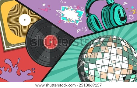 80s style collage with vinyl record, headphones and disco ball. Poster, flyer. Vector illustration