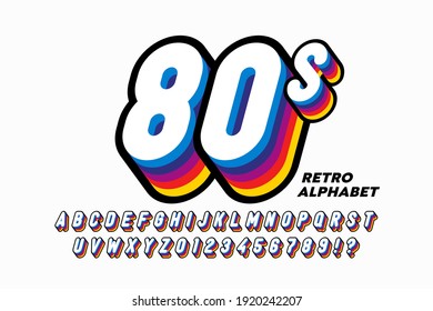 80's style colorful retro 3D font, alphabet letters and numbers vector illustration