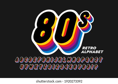 80's style colorful retro 3D font, alphabet letters and numbers vector illustration