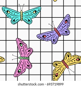 80s style cool girl seamless pattern with moths. Pink, blue, violet, yellow butterfly stickers on checkered notebook paper background. Textile, clothing, phone case, t-shirt, product package design.