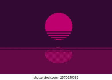 80s Style Dark Pink Sunset Reflected over Water, Pixel Art Styled Illustration