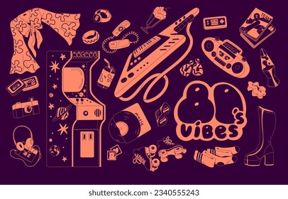 80s style elements, items. Eighties vibe set. Retro fashion funky stuff. 1980s boombox, cassettes, telephone, 80 s tape recorder, game machine, clothes, camera. Isolated flat vector illustrations