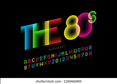 The 80s style font design, colorful alphabet letters and numbers vector illustration