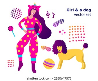 80's style funky girl and puppy dog home pajama party clip art vector collection