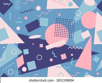 80s style geometric seamless pattern with muted colors. Multicolored vintage background with triangles, circles and squares for brochures, banners and wrapping paper. Vector illustration