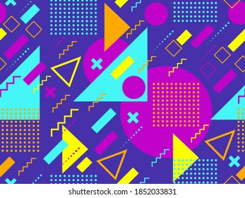 80s style geometric seamless pattern with muted colors. Multicolored vintage background with triangles, circles and squares for brochures, banners and wrapping paper. Vector illustration