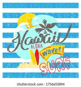 80's style Hawaii Lanikai beach tee print with palm tree. T-shirt design graphics stamp label typography. Vector  illustration.Striped background
