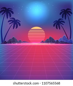 80s style landscape with grid texture in neon. Rocky mountains and tall palms at sunset. Starry sky above digital nature elements vector illustration.