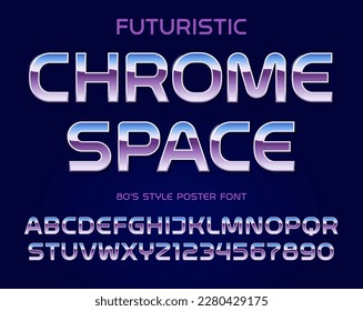 80s style metallic chrome font. Retro alphabet type letters and numbers. Futuristic typeface vector illustration.