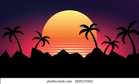 80s style retro background with sun and silhouettes of palm trees . retro wave wallpaper .