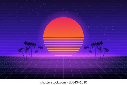 80s style retro background with sun and silhouettes of palm trees. Retro wave wallpaper.