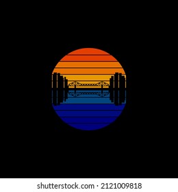 80's style retro vintage sunset cityscape logo. illustration of a bridge between cities in the middle of the sea in blue yellow orange color on a black background. template vector design