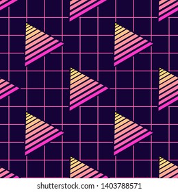 80s style seamless pattern with pyramids. Vaporwave, retrowave, cyberpunk aesthetics. Futuristic digital vector wallpaper. Pink laser grid background.