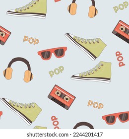 80s style seamless pattern with sneakers, sunglasses and cassette  