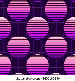 80s style seamless pattern with spheres. Futuristic digital vector wallpaper. Vaporwave, retrowave, cyberpunk aesthetics. Pink to purple transition.