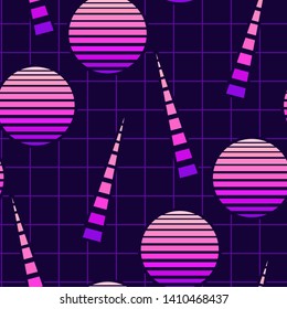 80s style seamless pattern with spheres and light rays. Futuristic digital vector wallpaper. Vaporwave, retrowave, cyberpunk aesthetics. Pink to purple transition.