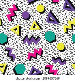 80s style seamless vector pattern with colorful geometric shapes, green hexagons, yellow triangles, pink lightning bolts, purple against black and white background