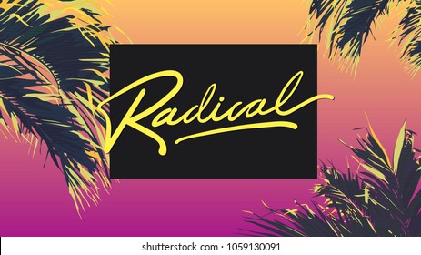 Estilo dos anos 80 tropic folha de coco /praia/paraíso modelo e design tipo “Radical”, fundo de cor gradiente quente com linha de varredura de tv.