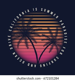 80s style vintage California typography. Retro t-shirt graphics with tropical paradise scene and tropic palms. Vector